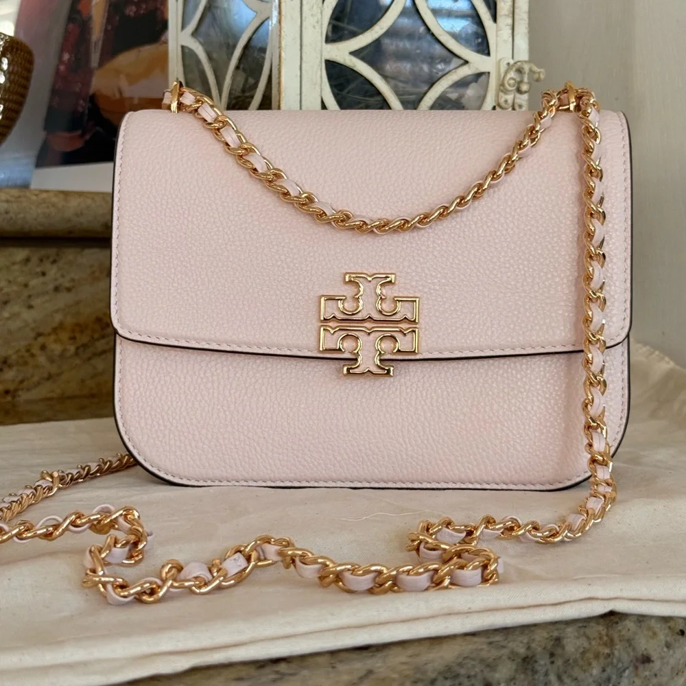 575+!Tory Burch Britten Small Adjustable Shoulder Bag Light Pink with Gold Chain